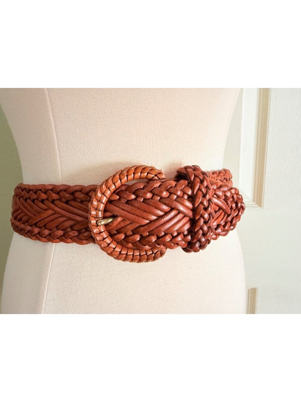 size S, 1 3/4" wide x 33" braided woven leather belt womens cognac leather 68606